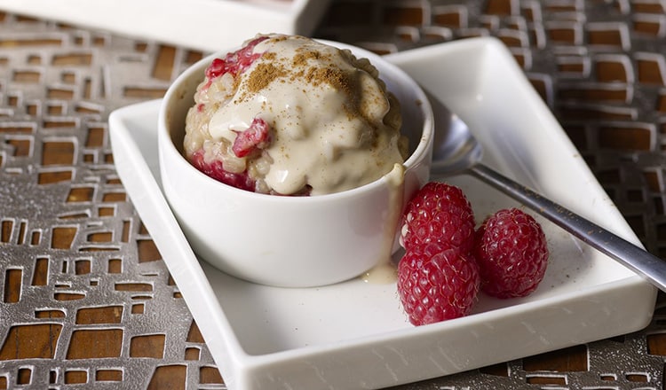 Lemon, Ginger, Barley Pudding with Raspberries
