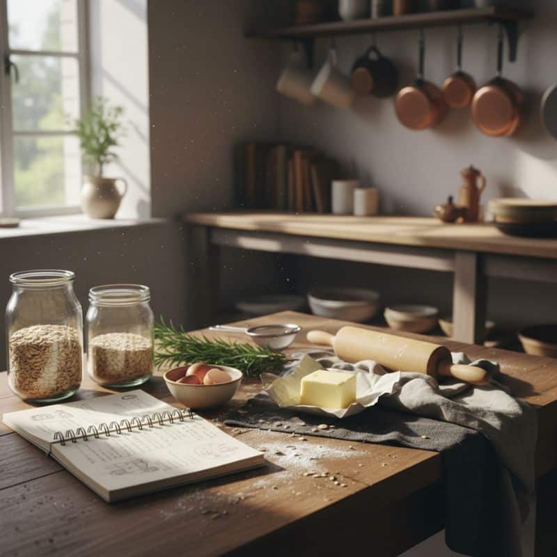 A calm kitchen workspace with ingredients, utensils, and a recipe notebook