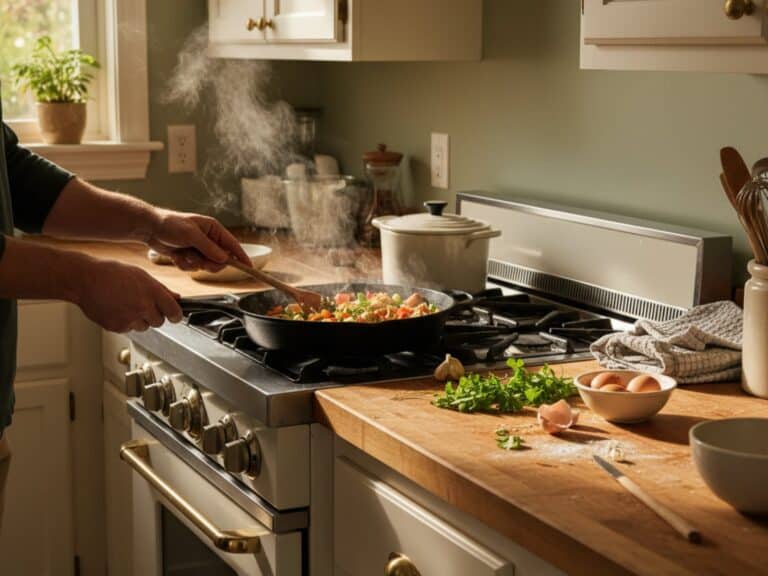 Hands actively cooking over heat in a warm, lived-in home kitchen