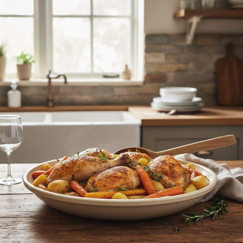 A finished home-cooked dish ready to be served in a warm kitchen