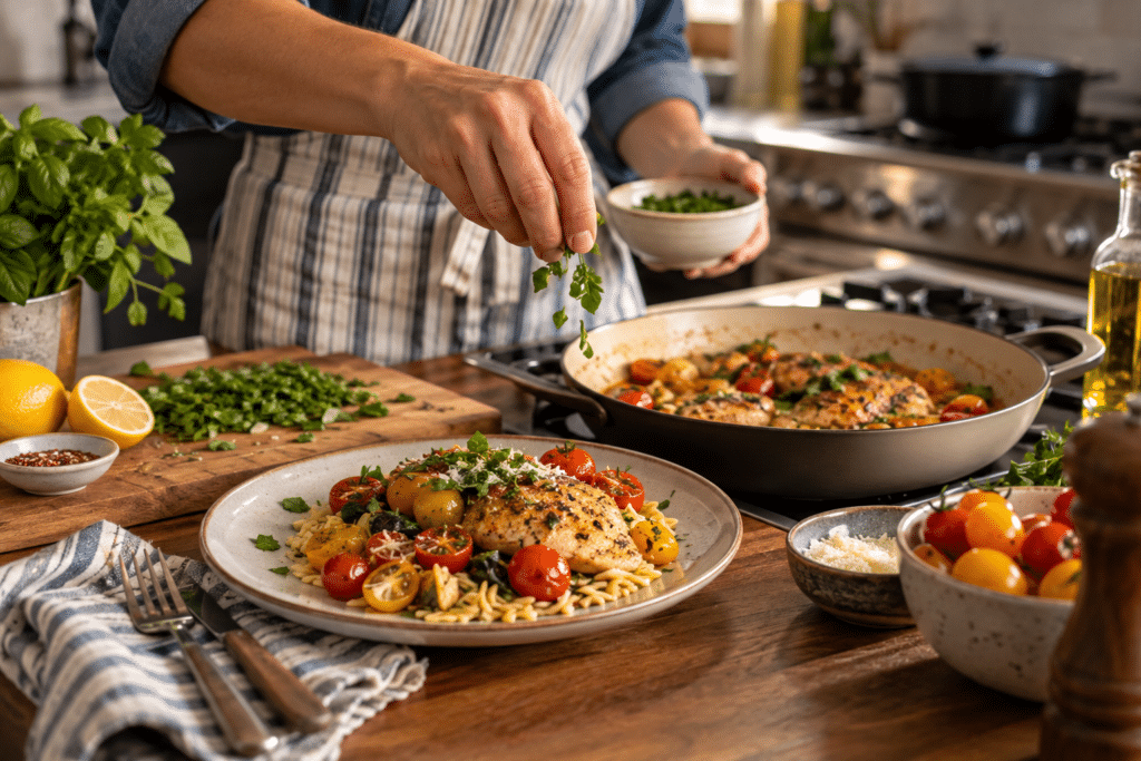 Home cook preparing a fresh weeknight chicken dinner with tomatoes, herbs, and pasta in a warm kitchen.